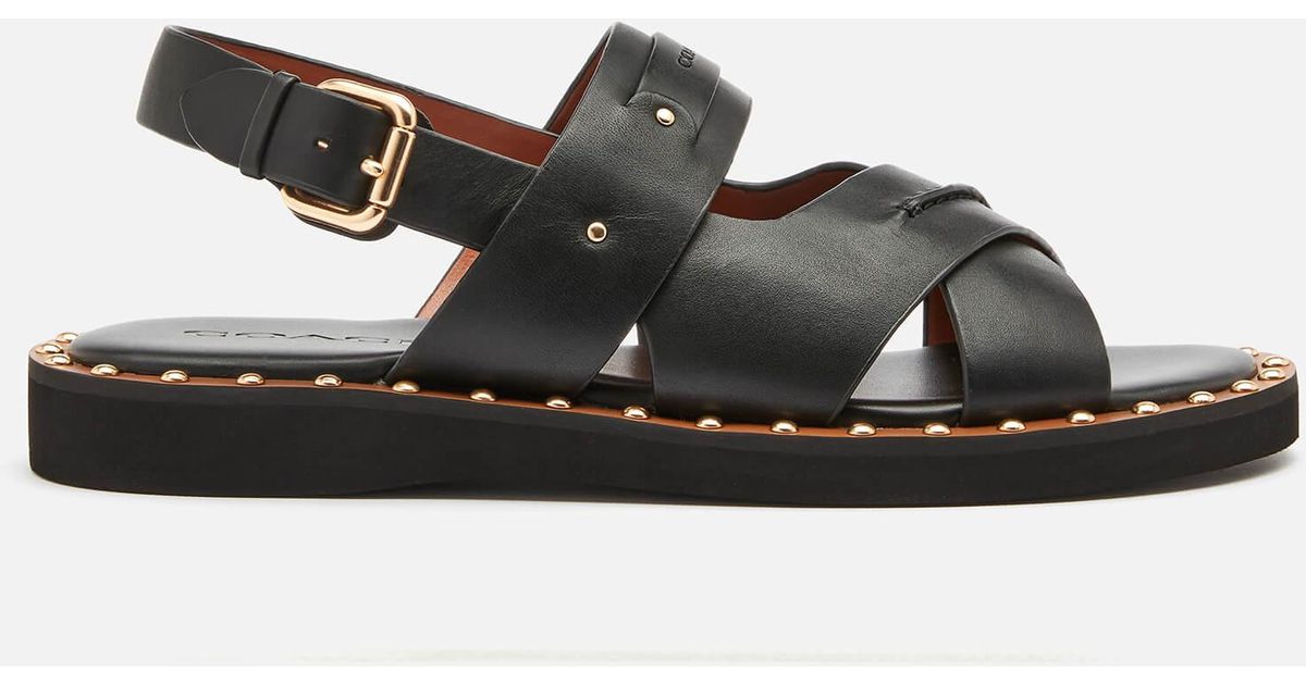 COACH Gemma Leather Flat Sandals in Black | Lyst