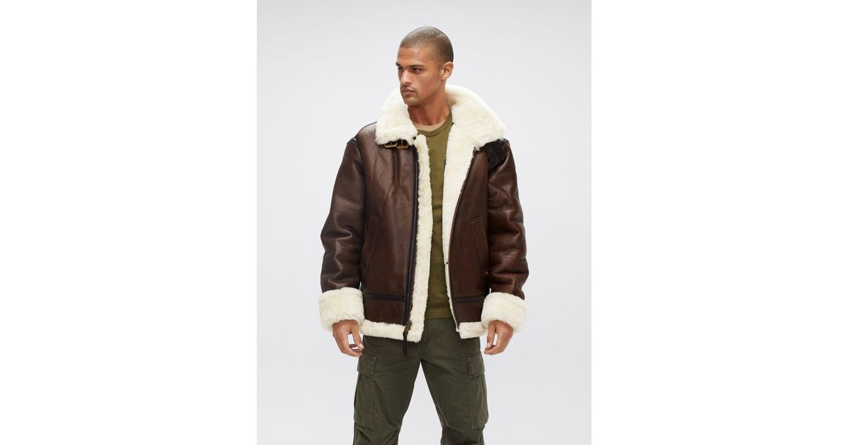 Alpha Industries B-3 Sherpa Leather Bomber Jacket in Brown for Men | Lyst