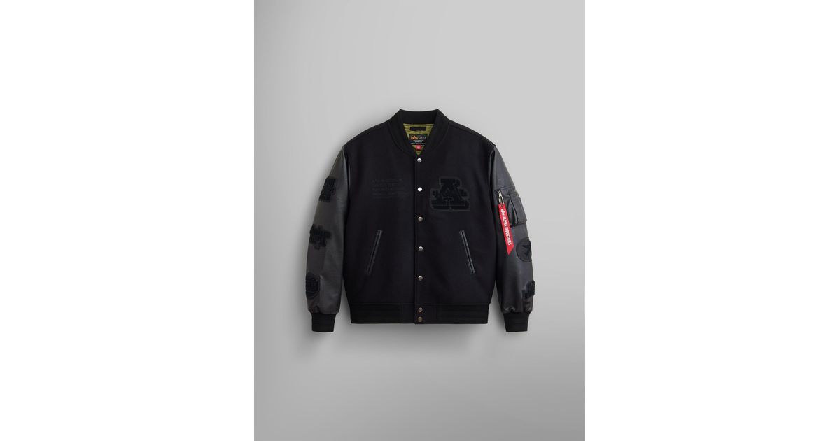 Mens echt lederen bomberjack MA-1 Varsity stijl Ryan, Zwart, L