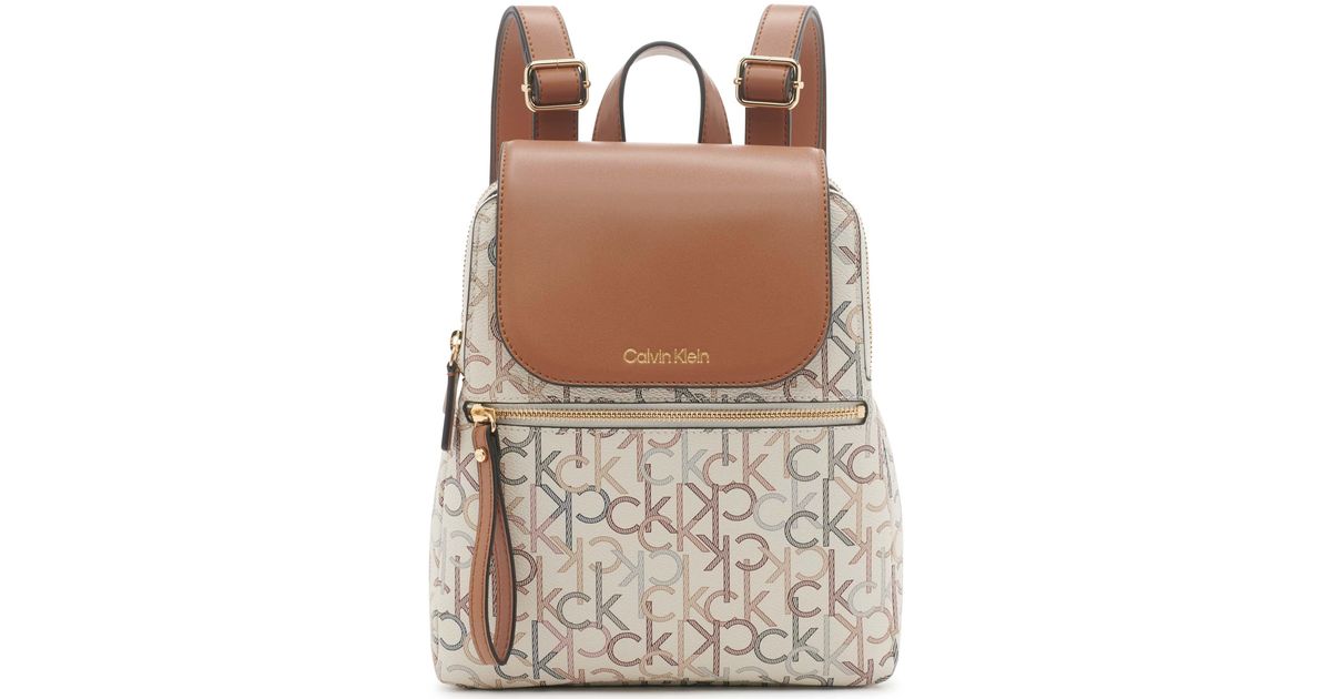 Calvin Klein Reyna Signature Key Item Flap Backpack in Brown Lyst