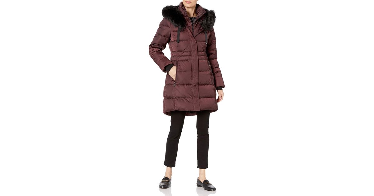 tahari faux fur trim hooded bib zip puffer jacket