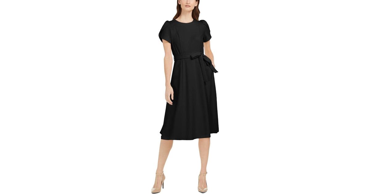 Calvin Klein Tulip Sleeved A-line Dress With Self Belt in Black | Lyst Calvin Klein Tulip Sleeved A-line Dress With Self Belt in Black | Lyst