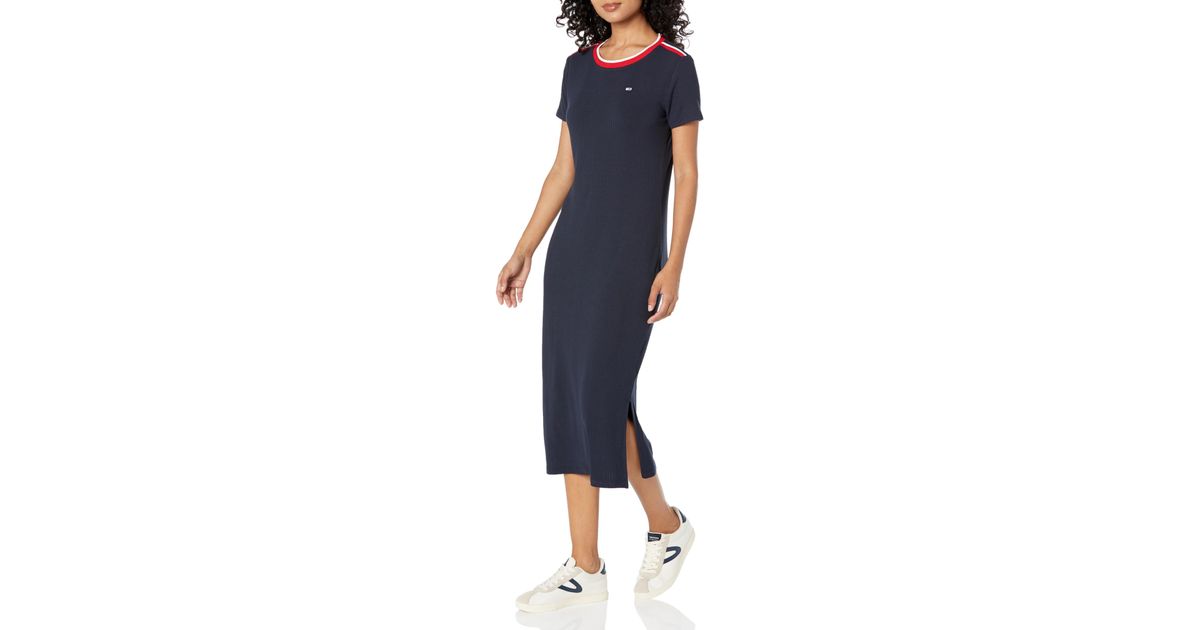 Tommy Hilfiger Short-sleeve Midi Dress With Stripe Detail in Blue | Lyst