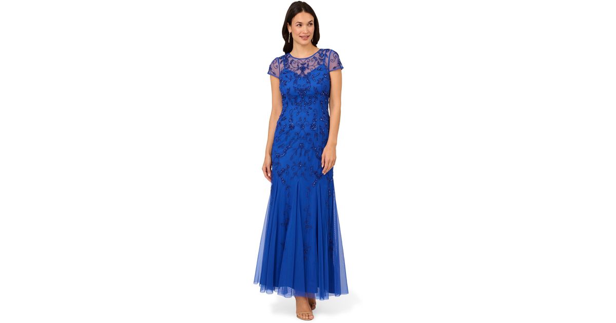 Adrianna Papell Studio Bead Mesh Godet Gown in Blue Lyst