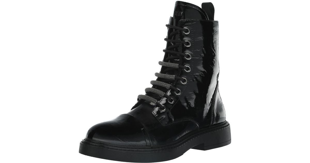 DKNY Malaya Patent Leather Ankle Combat & Laceup Boots in Black Lyst