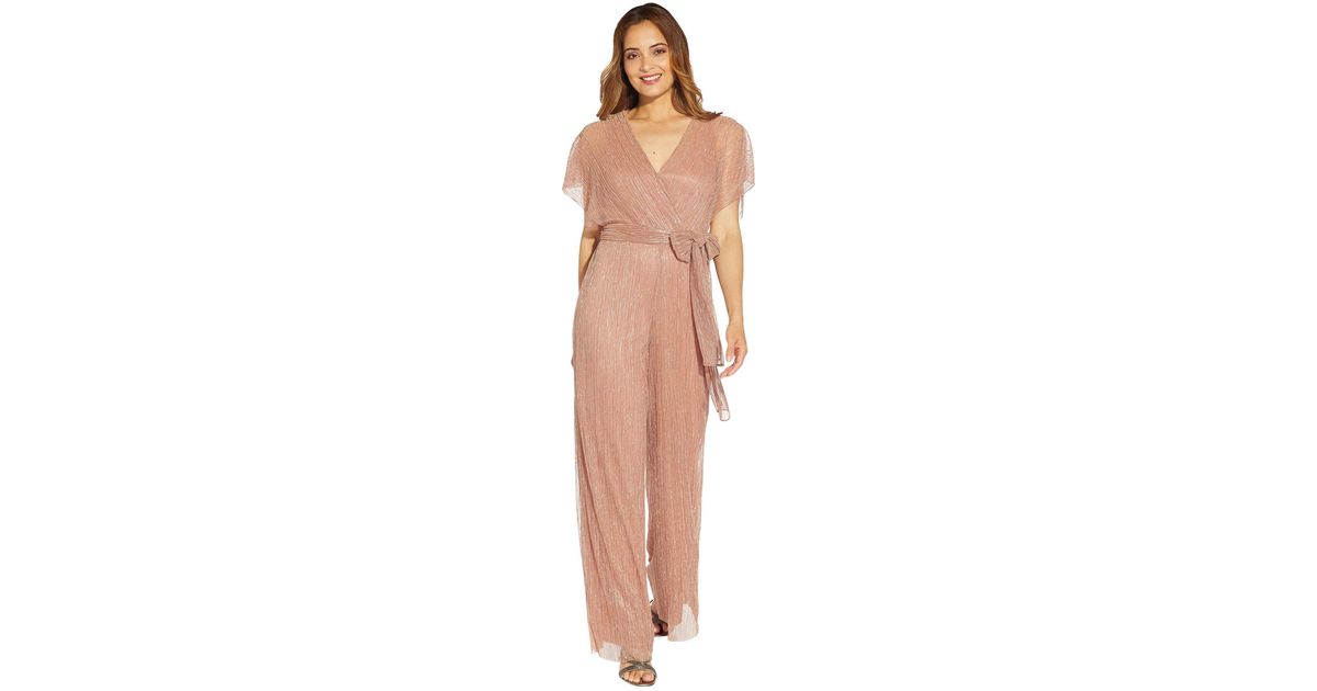 Adrianna Papell Synthetic Pleated Metallic Jumpsuit With Side Tie And Elbow Sleeve | Lyst
