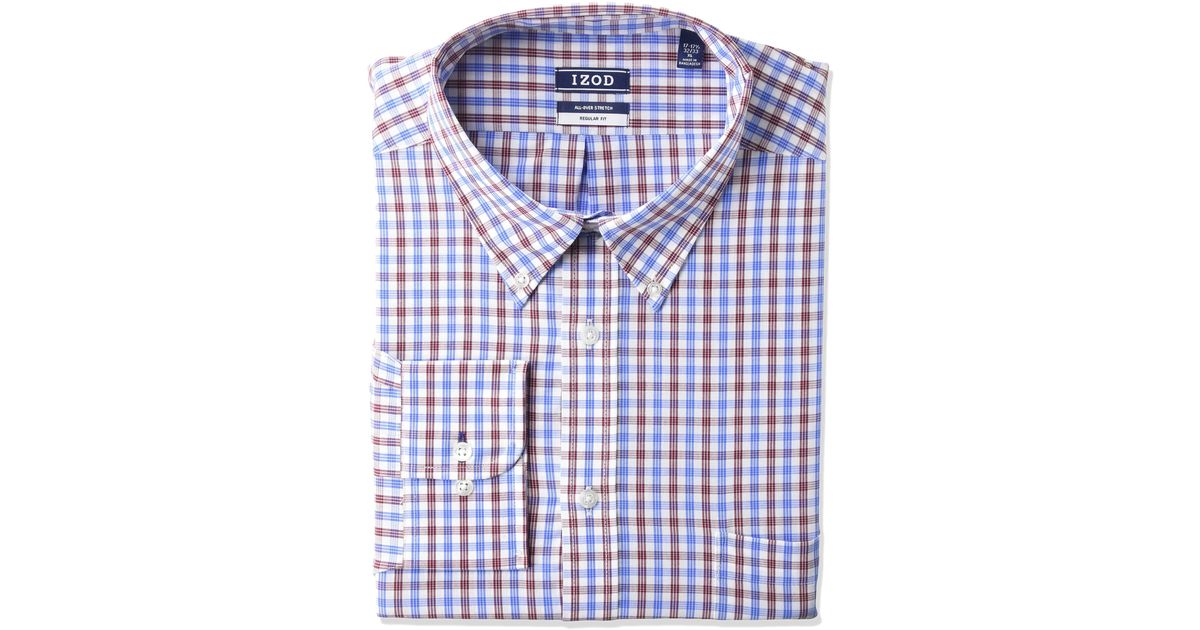 Izod Dress Shirt Regular Fit Stretch Button Down Collar Check in Burgundy (Blue) for Men - Lyst