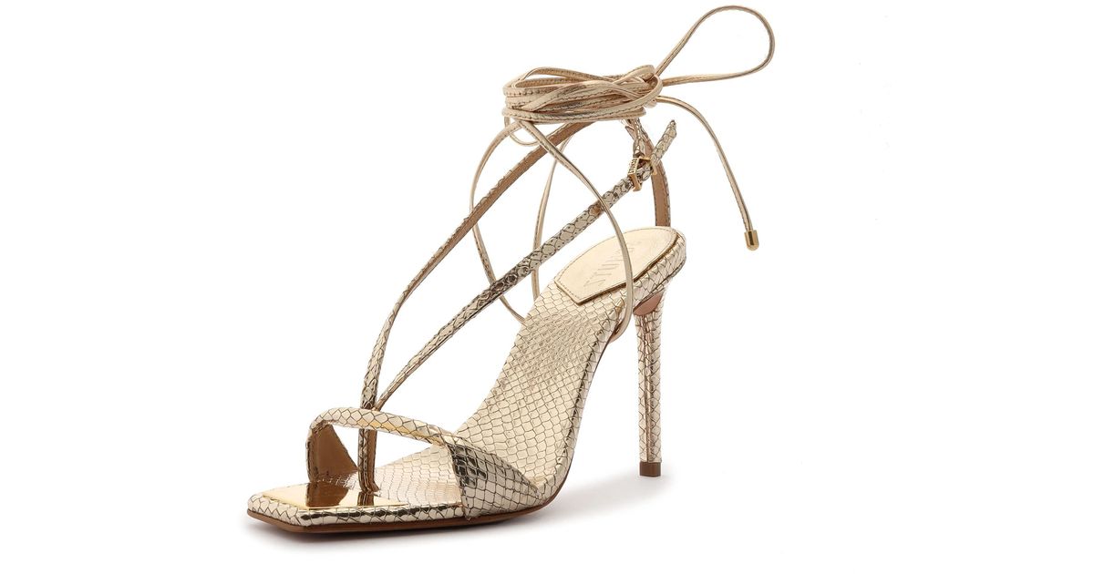Schutz Leather Vikki T-strap Lace Up Heeled Sandal in Gold (Natural) - Save 25% | Lyst