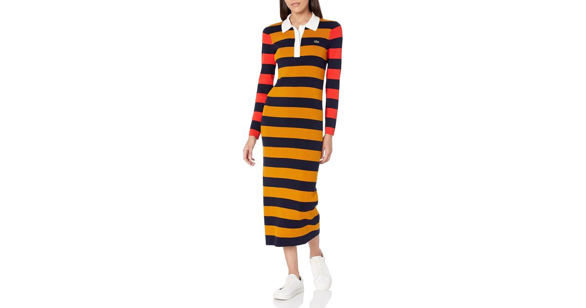Lacoste Long Sleeve Bold Stripe Maxi Polo Dress in Blue | Lyst