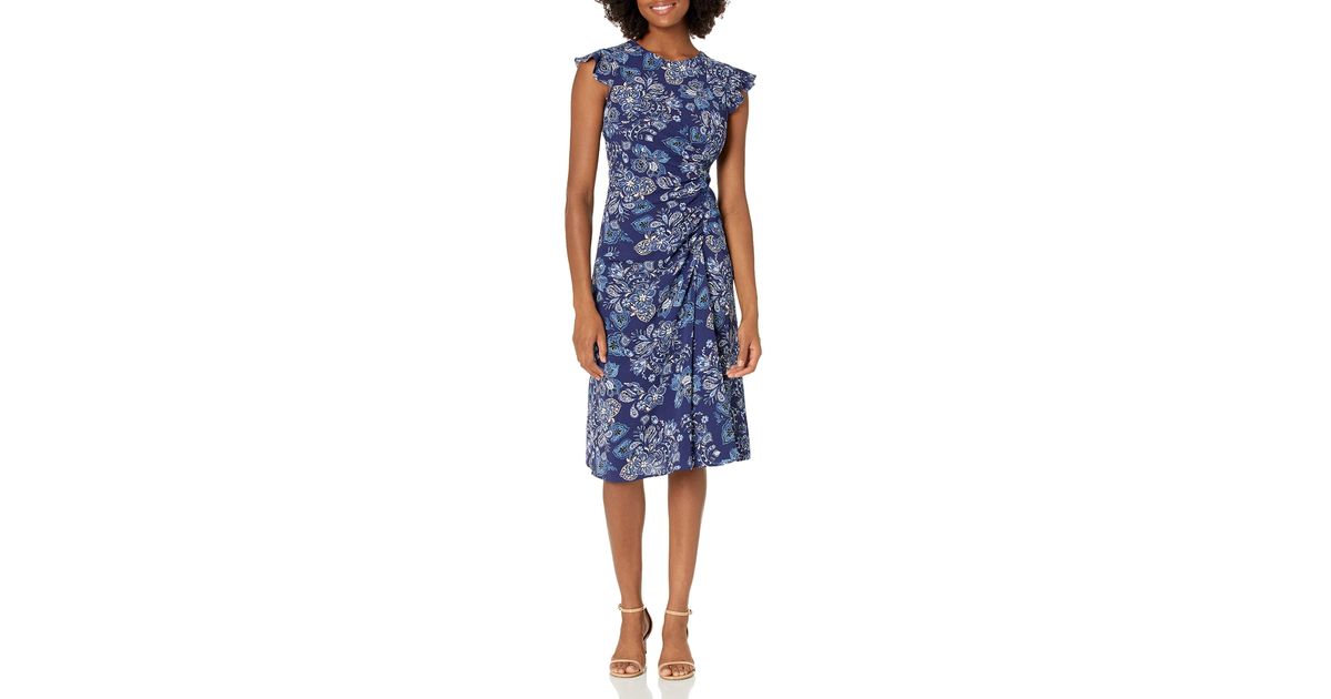 Vince Camuto Pebble Crepe Flutter Sleeve Midi With Ruched Front in Blue ...