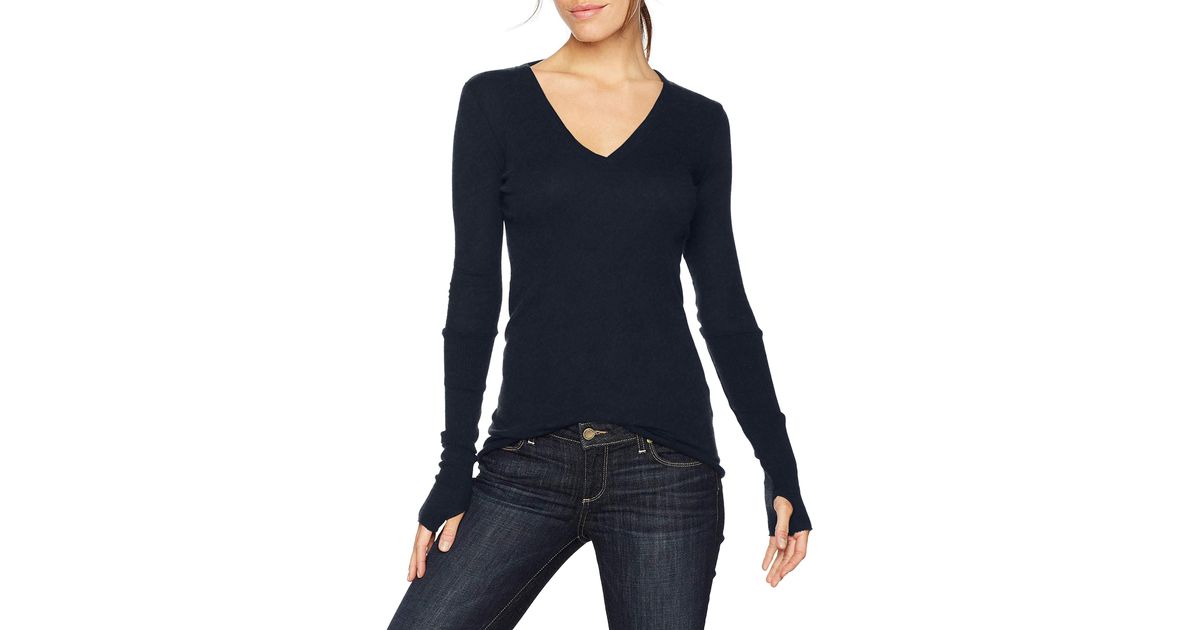 Enza Costa Womens Cashmere Long Sleeve Cuffed V-neck Top With Thumbhole  Shirt in Blue | Lyst