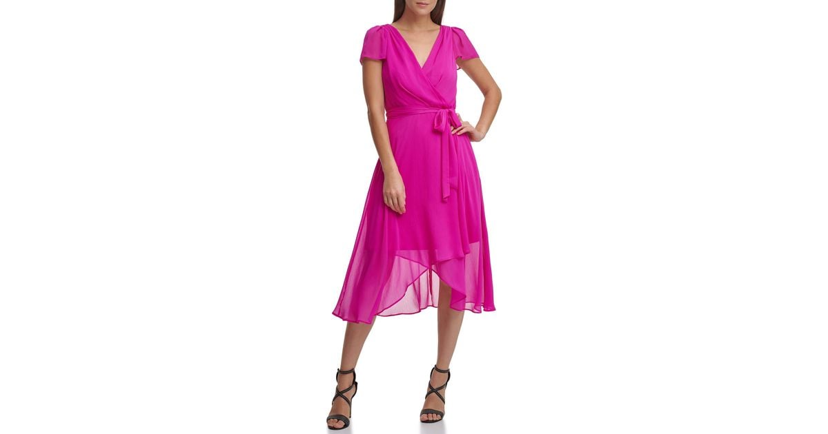 DKNY Chiffon Flutter Sleeve V-neck Wrap Midi Dress in Raspberry (Pink ...