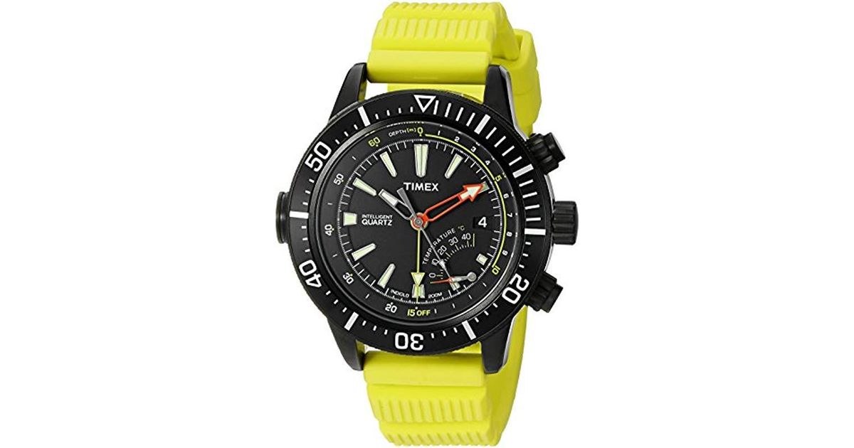 Timex T2n958 Intelligent Quartz Adventure Series Depth Gauge Yellow Resin Strap Watch in Black