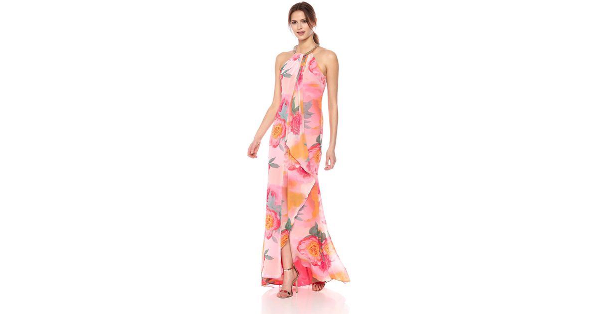 calvin klein pearl neck ruffle draped evening gown