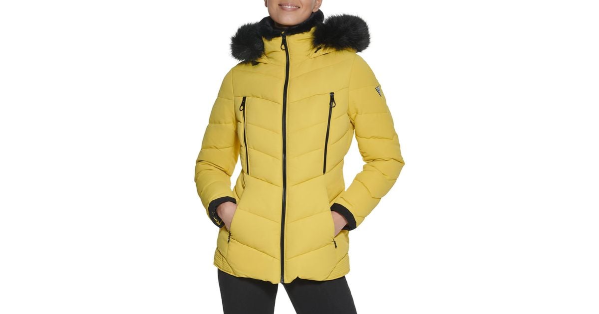 Guess Cold Weather Hooded Puffer Coat in Yellow Lyst