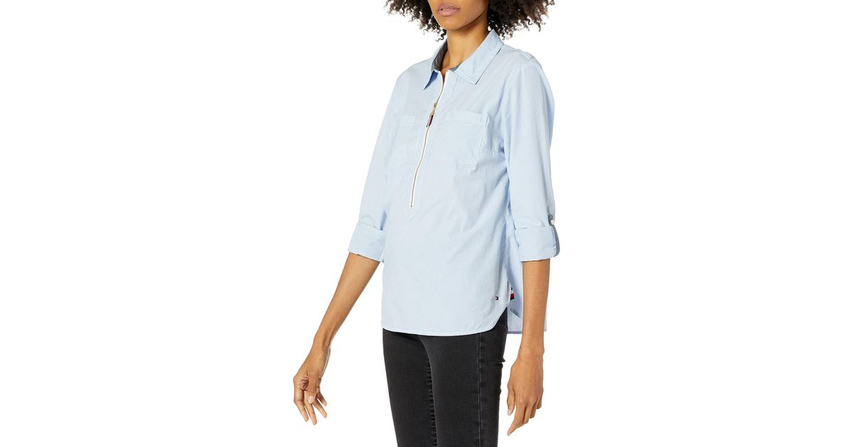 Tommy Hilfiger Cotton Womens Long Sleeve Half Zip Roll Tab Popover Shirt Blouse, Stripes Pattern