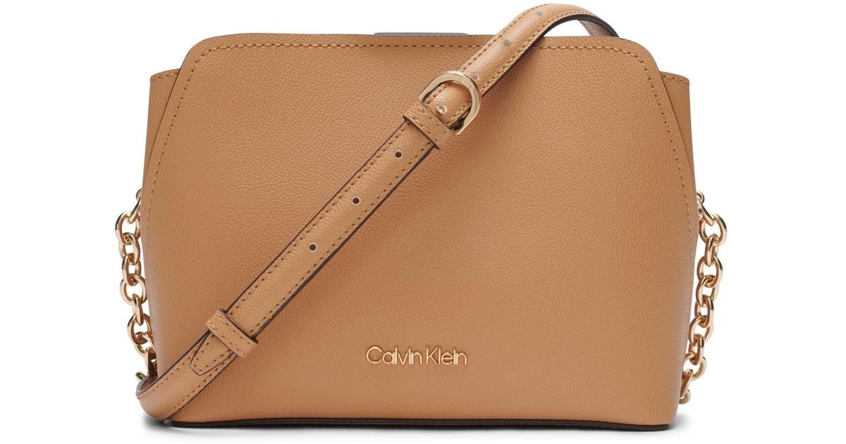 Calvin Klein Hailey Micro Pebble Triple Compartment Chain Crossbody in Brown Lyst
