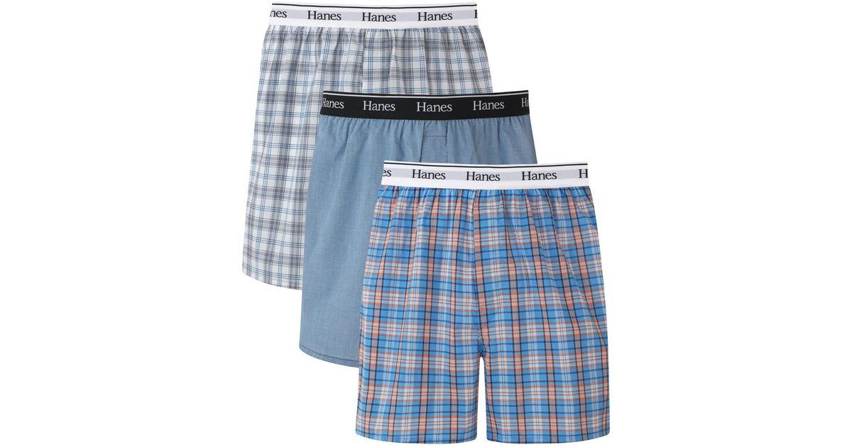 Hanes Originals Cotton Woven Boxers Pack in Blue for Men | Lyst