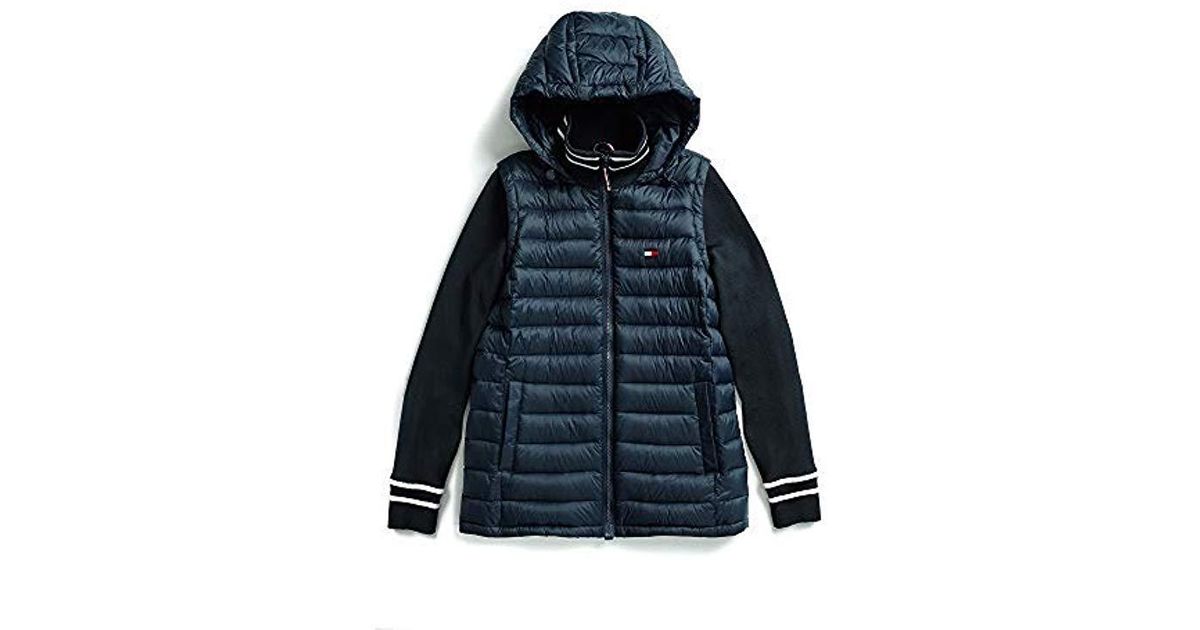 Tommy Hilfiger Womens Adaptive Puffer Jacket with Knit Sleeves and Magnetic Zipper