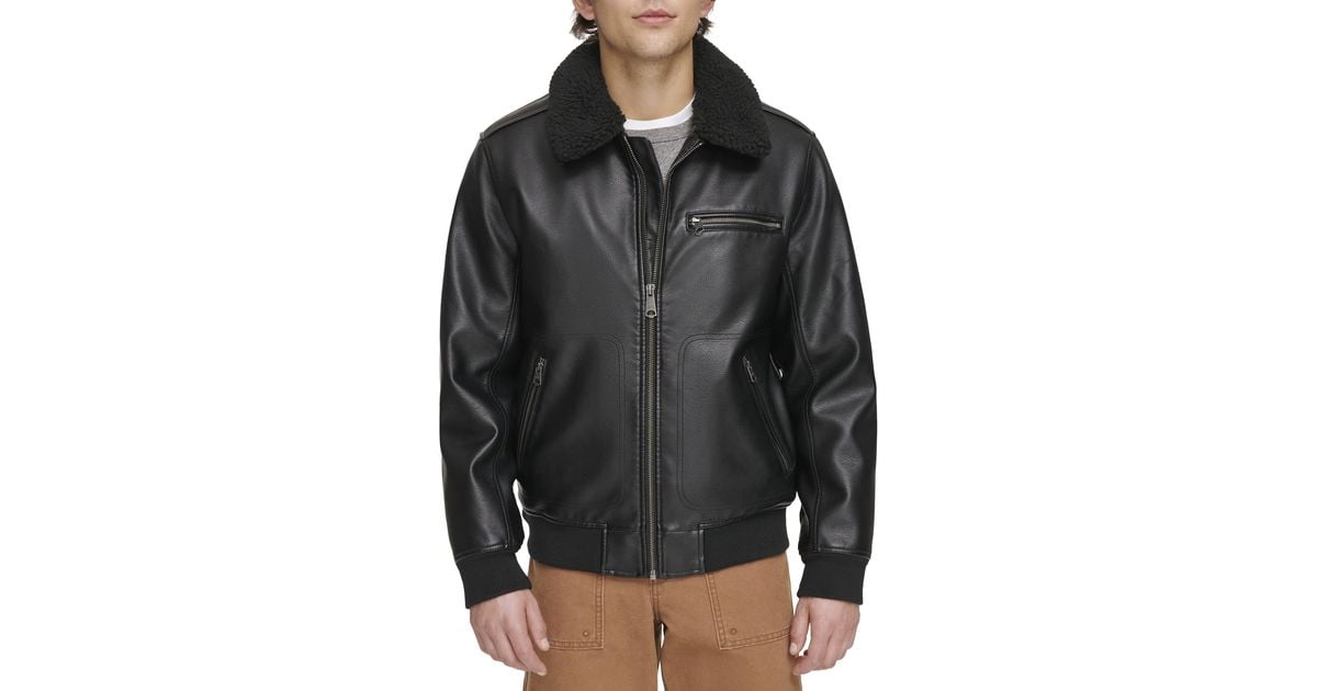 Levi's Faux Leather Aviator Bomber Jacket With Sherpa Collar in Black