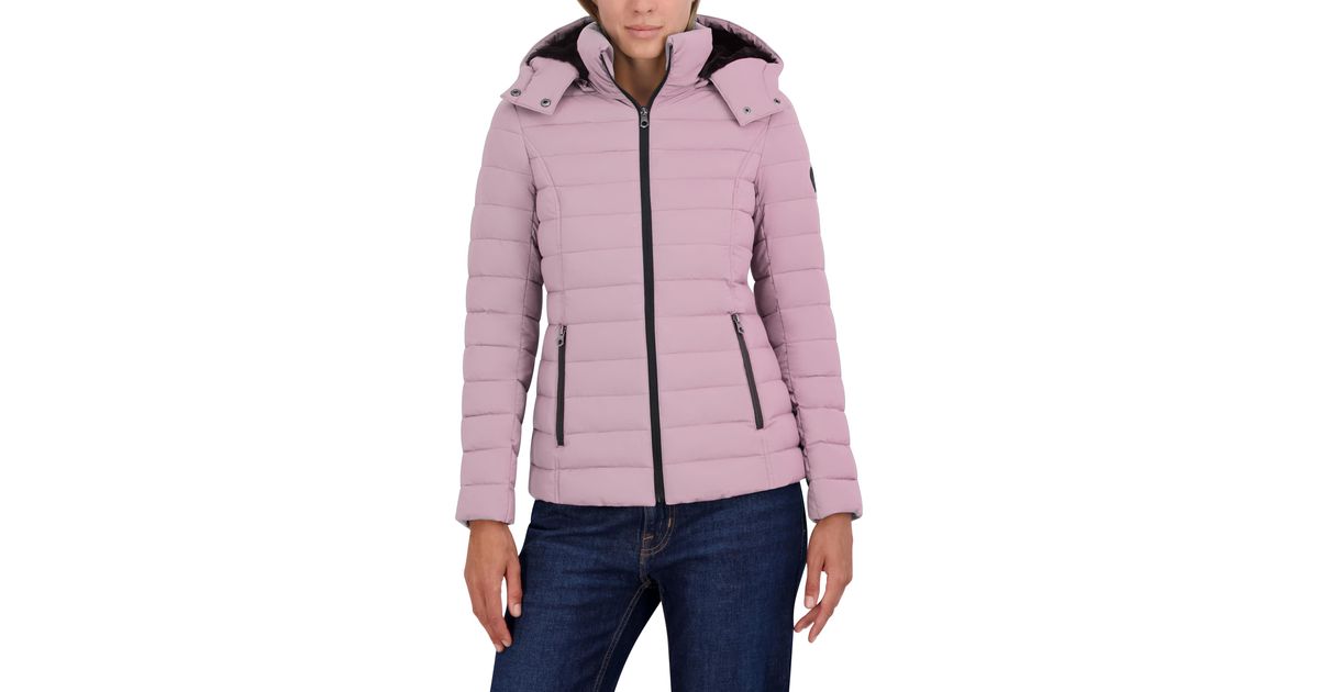Nautica Short Stretch Puffer Jacket With Fur Hood in Red