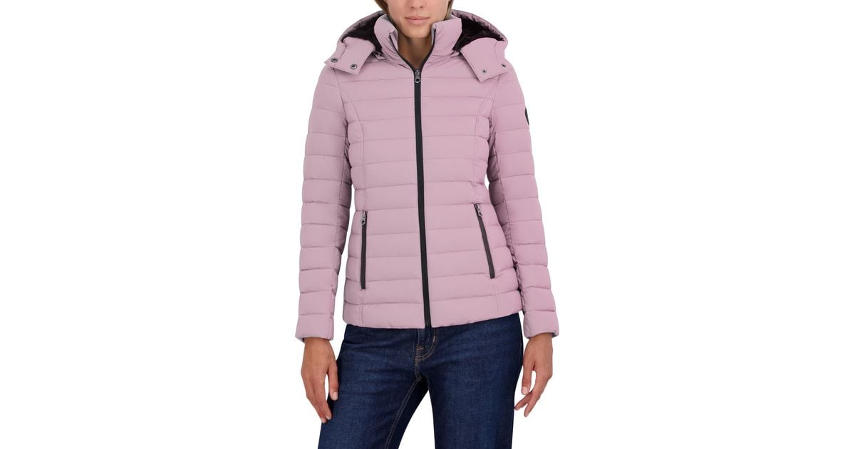 Nautica Short Stretch Puffer Jacket With Fur Hood in Red