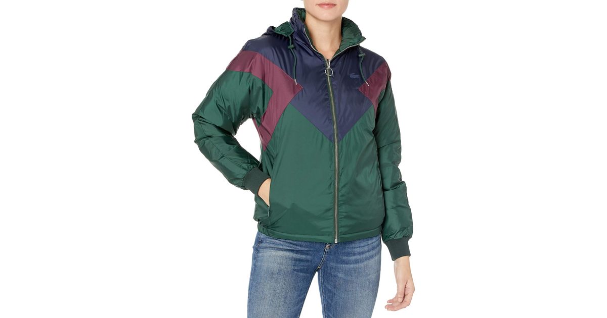 Lacoste Womens Colorblocked Reversible Padded Down Jacket W/ Hood 