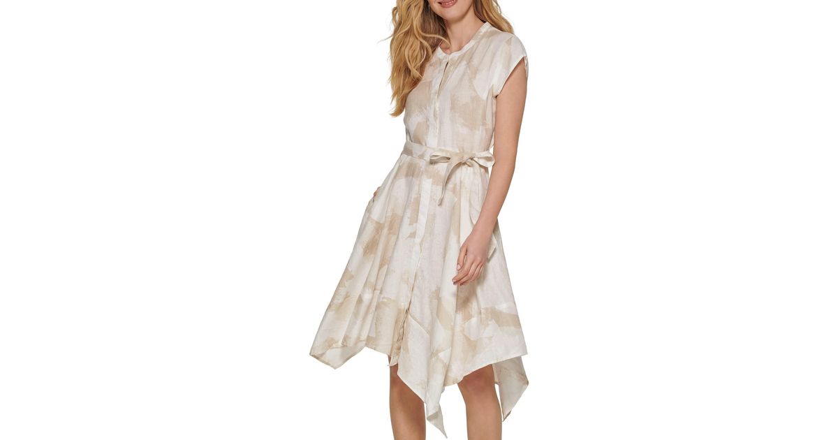 DKNY Linen Tie Waist Fit And Flare Dress in Natural | Lyst