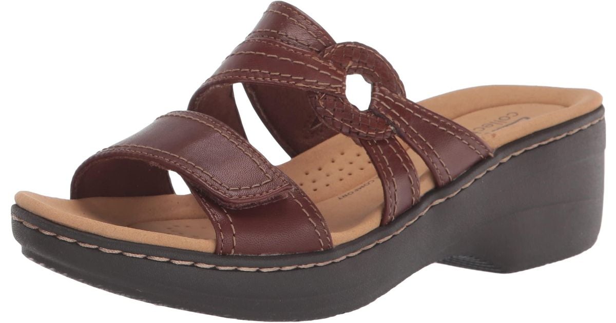 Clarks Leather Merliah Coral Heeled Sandal in Dark Tan Leather (Brown