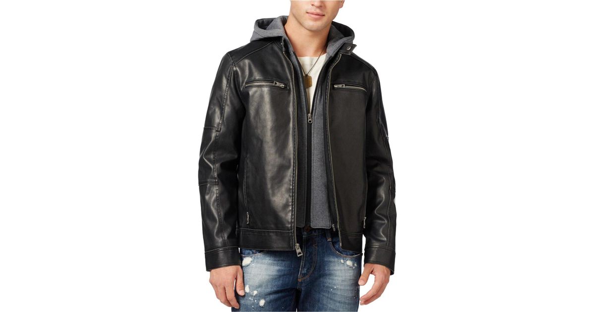 guess hooded leather jacket