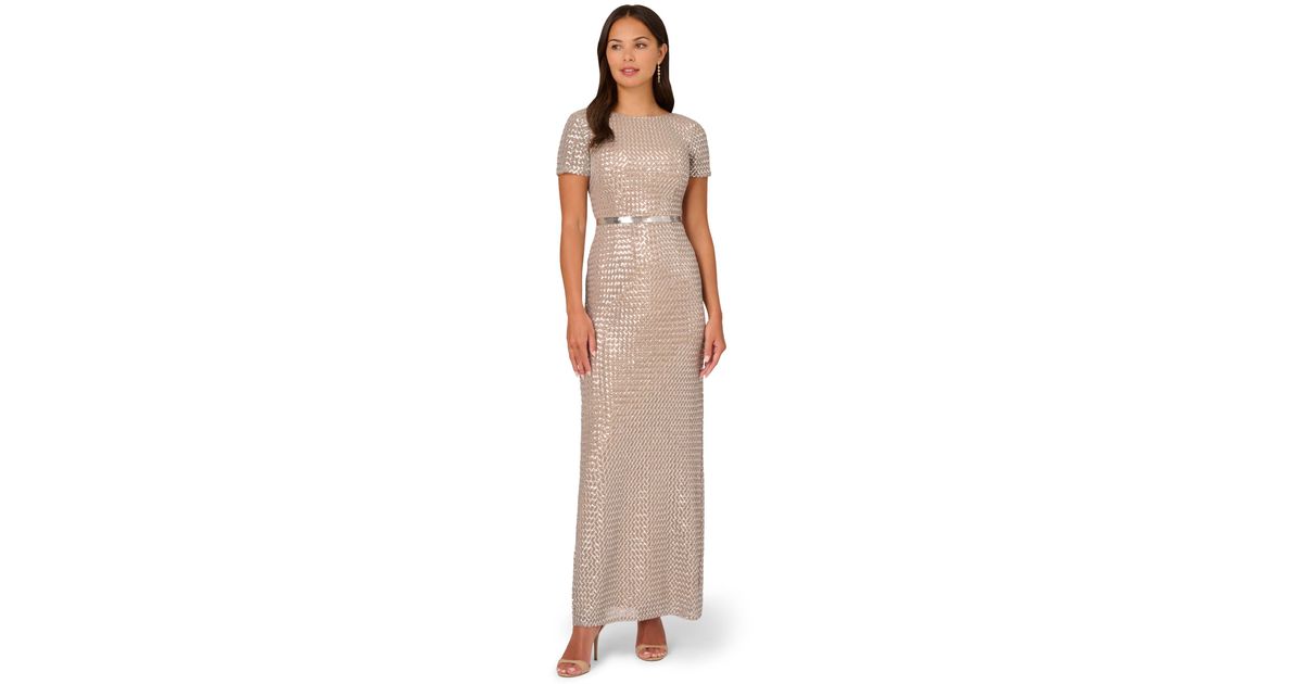 Adrianna Papell Floral Sequin Tulle Column Gown In Black Nude
