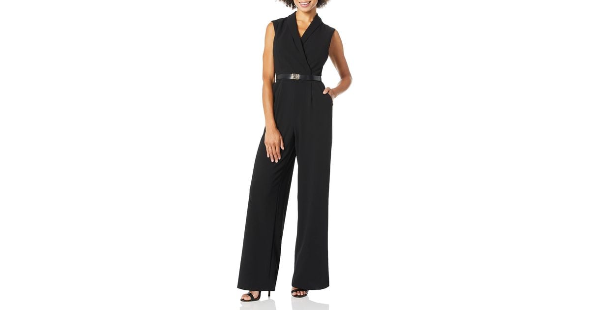 Calvin Klein Sleeveless Belted Jumpsuit With V Neck Collar in Black Lyst