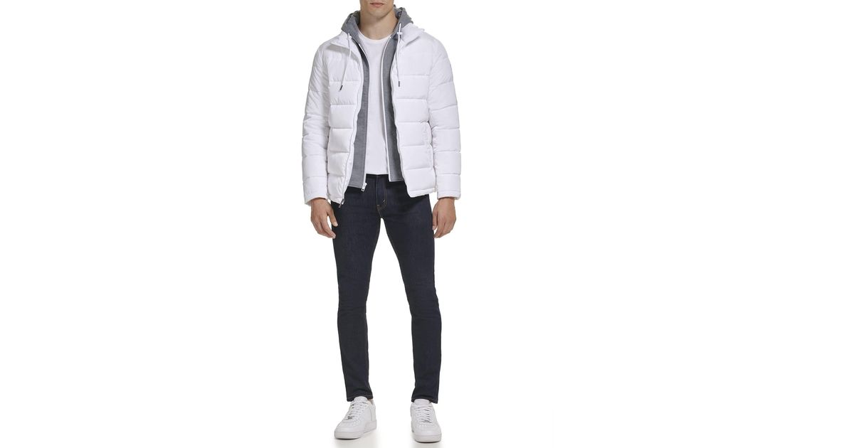 Kenneth Cole Hood Puffer Angled Welt Pockets Horizontal Quilting Jacket ...