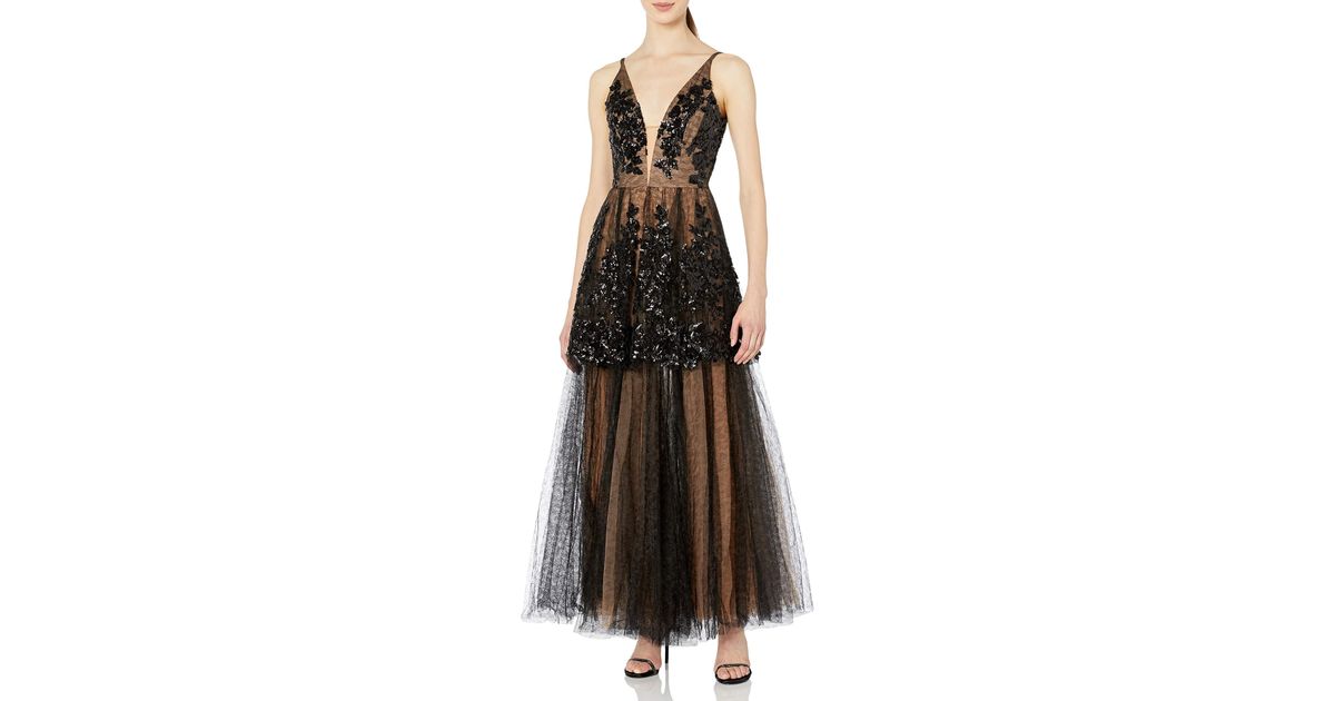 Dress the Population Womens Rachelle Sleeveless Sequin Tulle Fit /& Flare Long Ballgown
