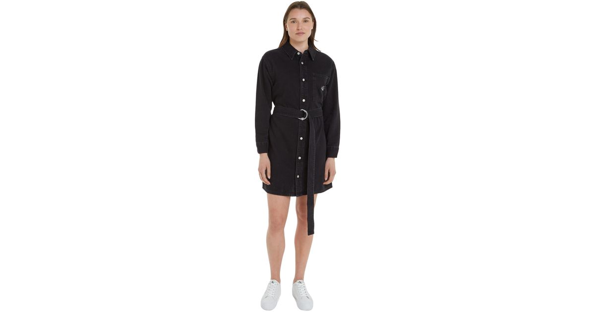 UK Calvin Belted Utility Dress Klein | Denim Shirt Lyst Black Denim Dresses