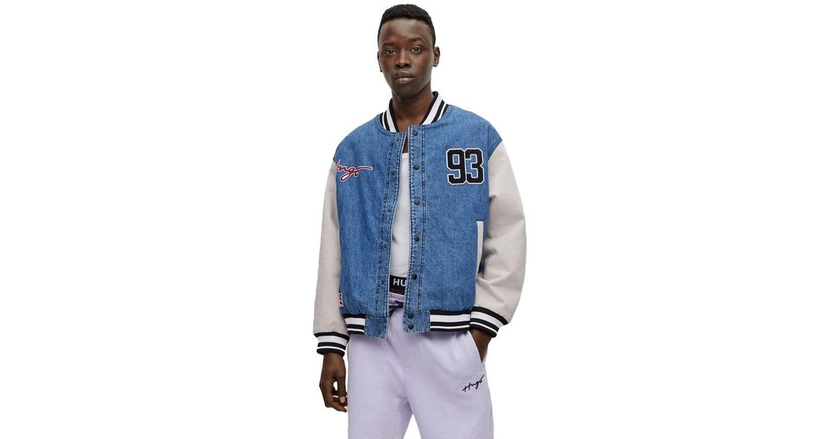 Denim varsity jacket with contrast sleeves clearance