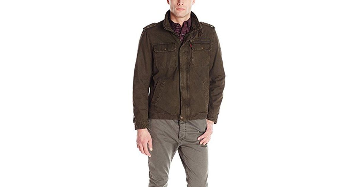 Levi's Washed Cotton Two Pocket Sherpa Lined Military Jacket in Olive