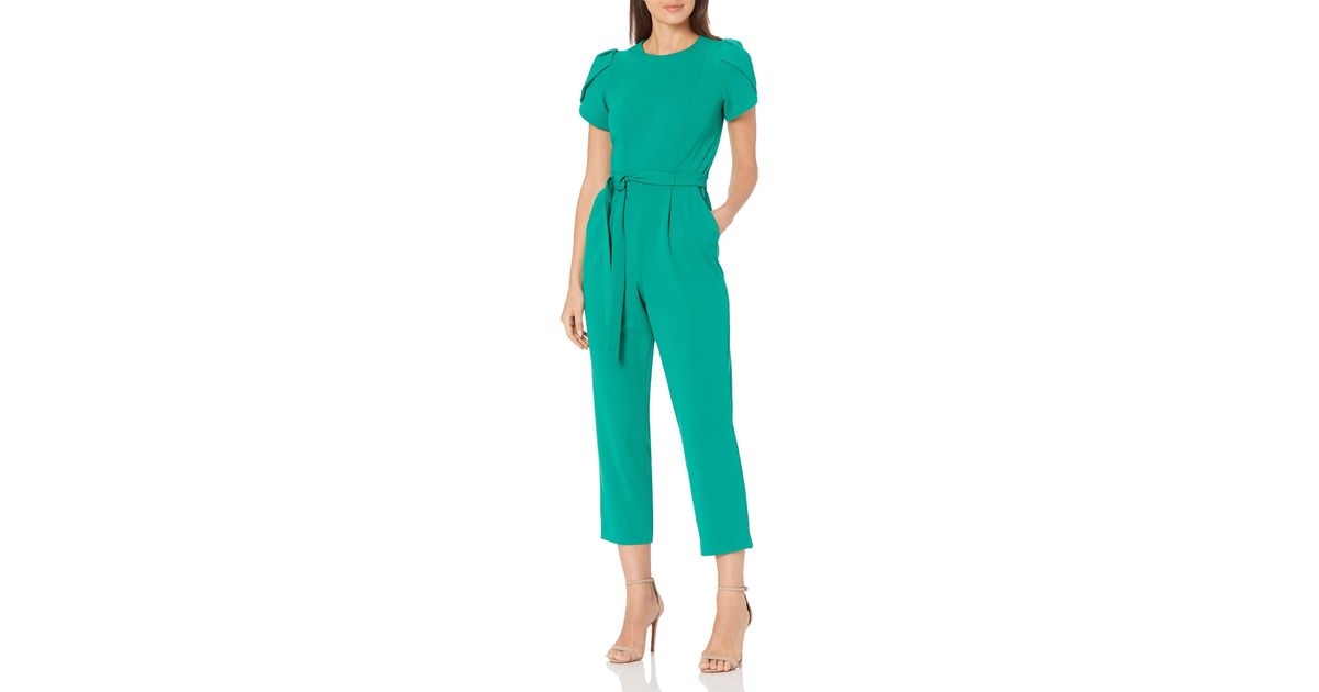 Calvin Klein Cropped Jumpsuit With Tulip Sleeve in Blue Lyst