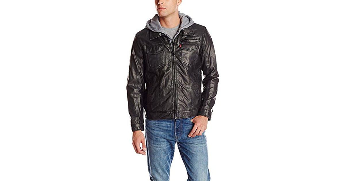 Levi S Black Faux Leather Two Pocket Trucker Hoo Jacket With Sherpa Lining For Men