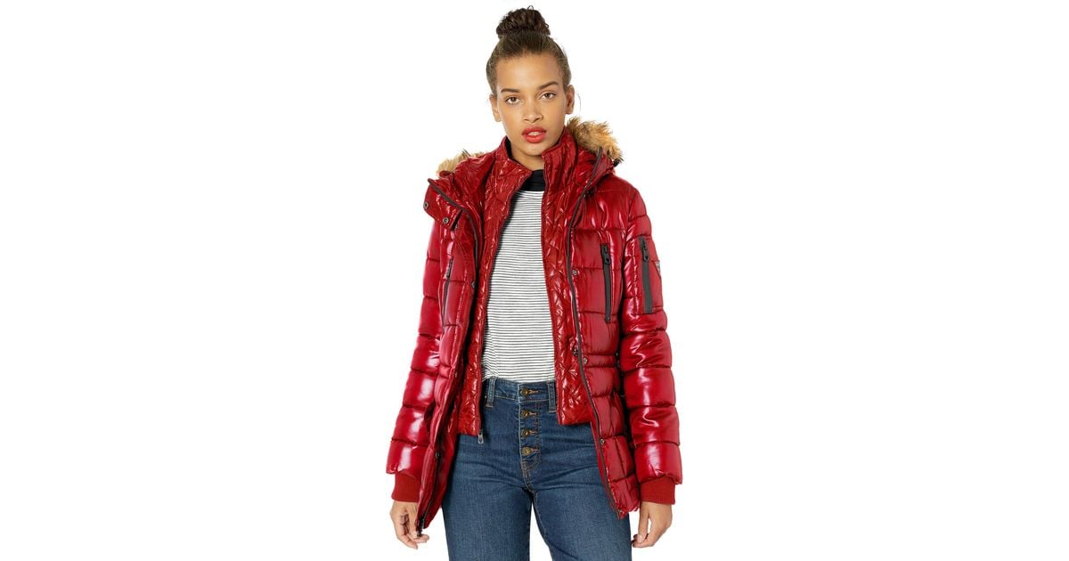 GUESS Womens Hooded Quilted Puffer Jacket with Removable Faux Fur Trim 