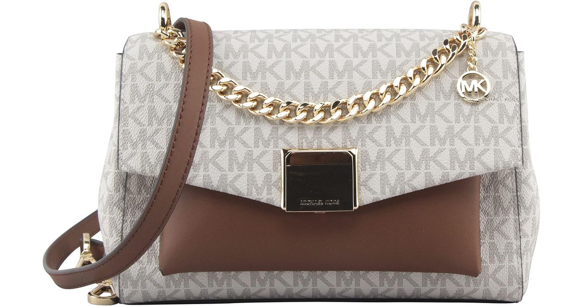 Michael Kors Lita Medium Leather TwoTone Logo Crossbody Bag in Vanilla