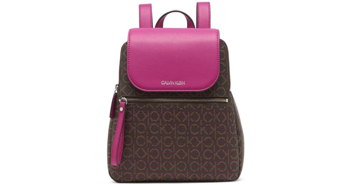 Calvin Klein Womens Elaine Signature Key Item Flap Backpack in Brown Lyst
