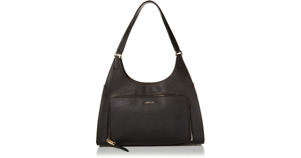 Calvin Klein Ava Signature Leather Hobo Shoulder Bag in Black/Gold