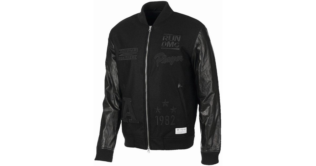 adidas Originals X Run Dmc Leather Sleeve Bomber Jacket in Black for