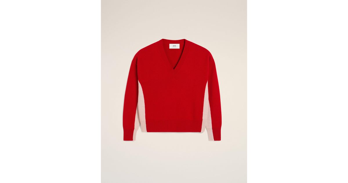 Ami Paris Wool Knit Bicolor V Neck Sweater in Red for Men Lyst UK