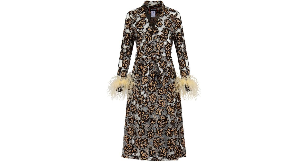 Andreeva Rose Beige Coat With Detachable Feathers Cuffs in Black | Lyst