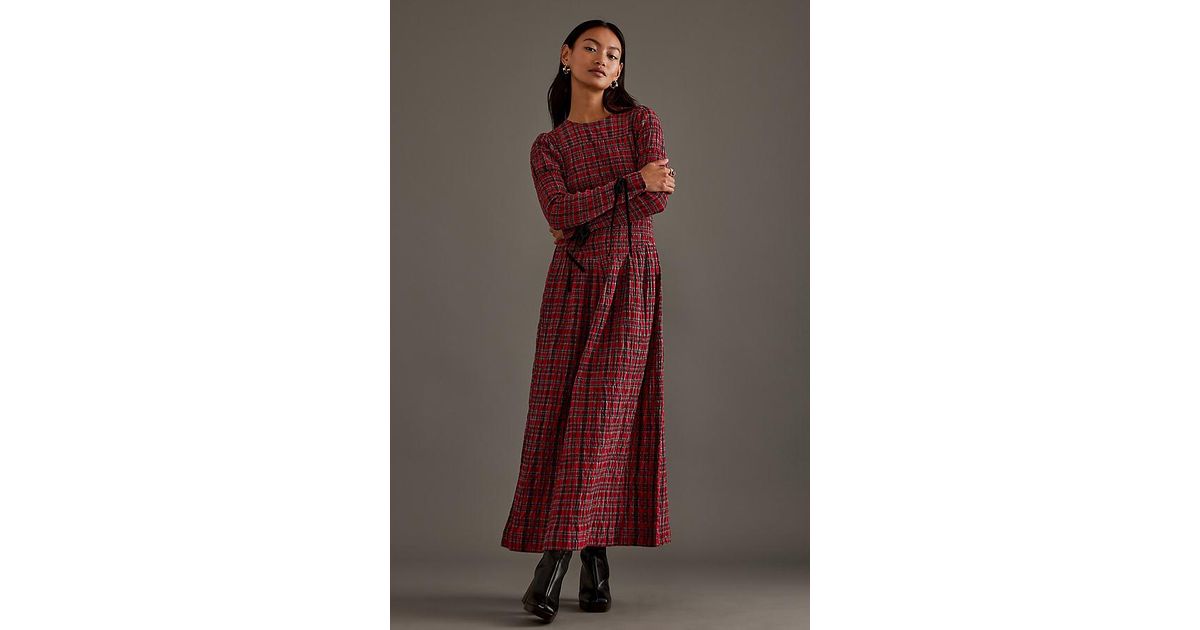 Damson Madder Alice Shirred Drop-Waist Midi Dress in Brown | Lyst UK