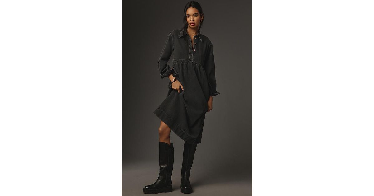 seen worn kept denim dress Seen, Worn, Kept Slouchy Long-sleeve Denim Midi Dress in Black