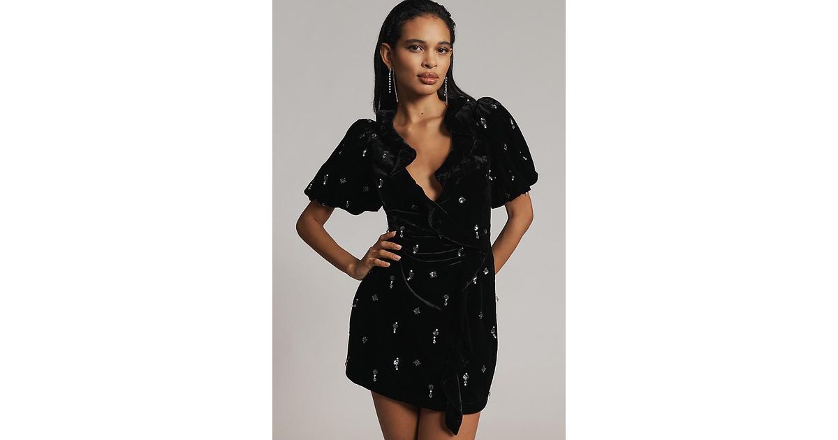 Maeve Short-Sleeve Embellished Velvet Mini Dress in Black | Lyst UK
