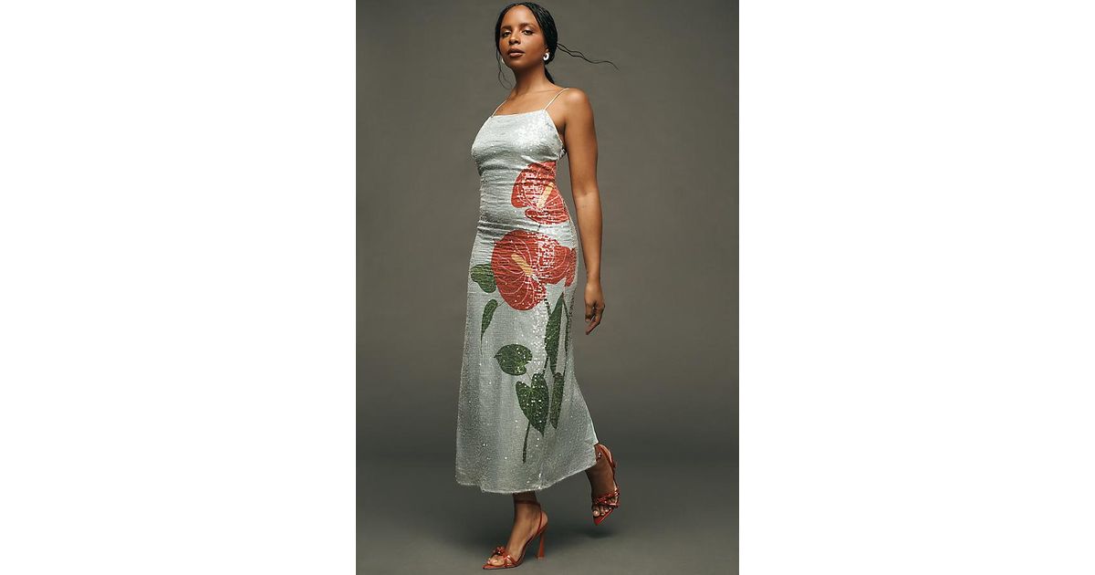 farm rio sequin blue anthurium flowers midi slip dress Anthurium Sequin Shift Dress (Women)